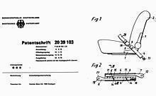 1969-1974: Patentschrift Nr. 20 39 103 Sicherheitsgurteinrichtung mit am Sitz befestigtem Dreipunkt-Automatik-Sicherheitsgurt, August 1970.